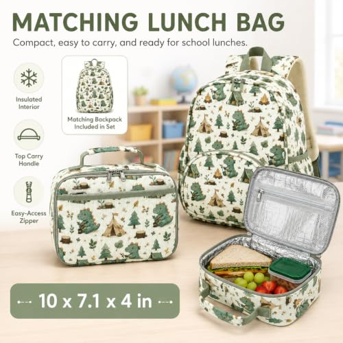 Image of LOIDOU Kids Backpack with Lunch Box Set, Toddler Preschool Boy Backpack with Chest Strap Kindergarten Backpack LunchBox Combo (Camping Dinosaur)