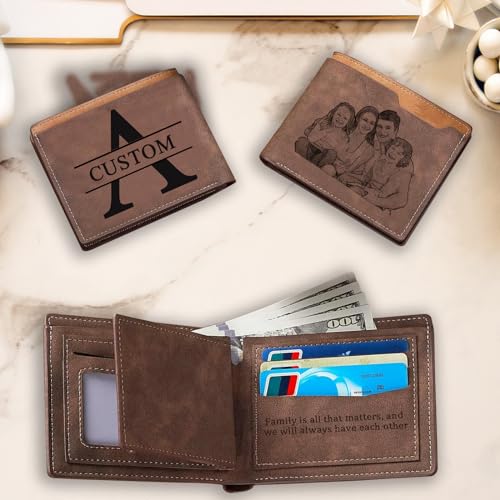 Fathers Day Gift Custom Wallets for Men, Personalized engraved Photo & Name Initials leather Wallets Gifts for Men Dad Husband Boyfriend Son (Dark Brown - 2)3