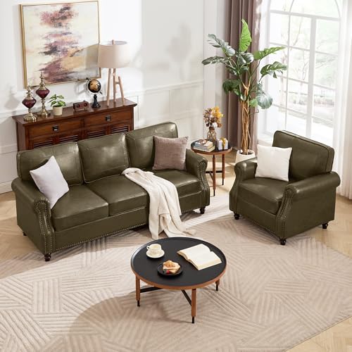 Image of Kingfun Mid-Century Modern Couch, Faux Leather Sofa Set, 3 Seater Couch for Living Room with Rolled arms & Nailhead Trim, Olive Green