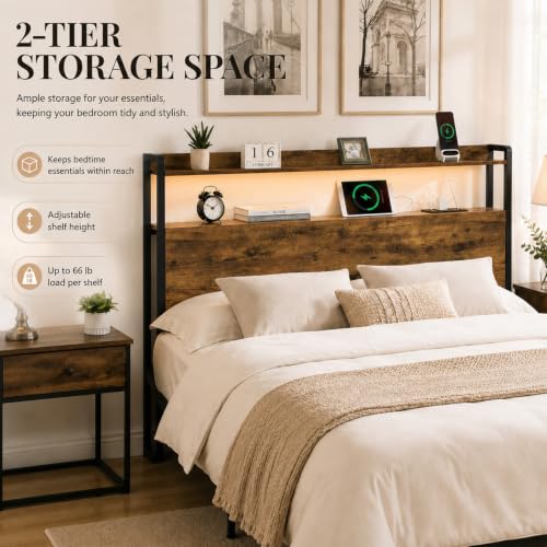 Image of Full Size Headboard with Storage Shelf, Charging Station, Adjustable Height | Particle Board & Metal Frame, for Bedrooms, 55 In Storage Shelf, 2 Outlets & 2 USB Ports, Adjustable Height, Rustic Brown