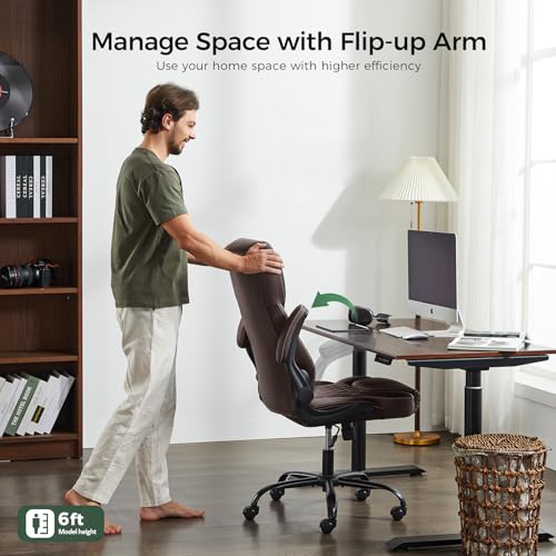 Image of amseatec Big and Tall Office Chair, Flip-Up, Executive Desk Chair, Brown | Ergonomic Leather High Back, Lumbar Support, 90 Lock, 115 Tilt, 20 Spring Packs, 300lbs Capacity, Wide Seat /Smooth Casters