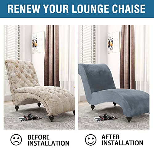 Chaise Lounge Cover Velvet Chaise Lounge Couch Cover High Stretch Chaise Lounge Slipcover Luxury Lounge Chair Cover For Living Room Soft Furniture Protector For Dog, Machine Washable, Stone Blue #TOP5