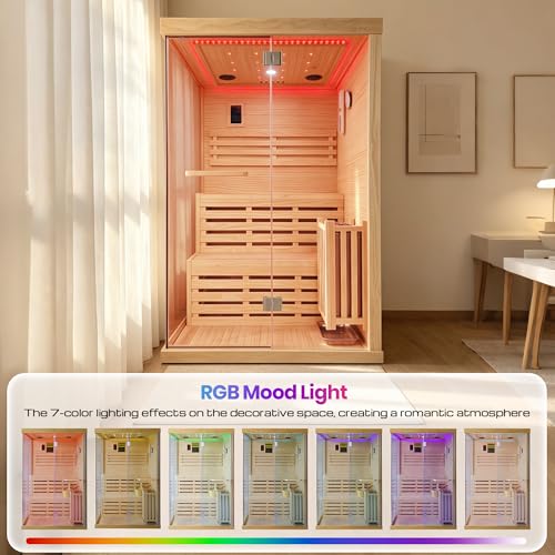 Image of OUTEXER 2-3 Person Steam Sauna Traditional Saunas Home Spa Room Wet Indoor Saunas 7 Color LED Lights with 240V 3KW Heater, Sauna Stone, Wooden Bucket, Spoon, Thermometer, Hourglass, Cup Holder
