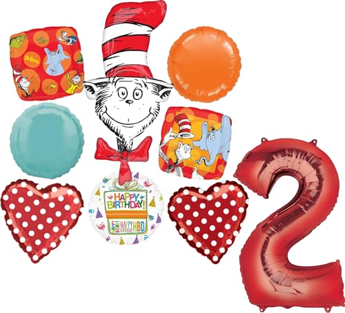 Cat In The Hat Party Supplies 9pc 2nd Birthday Balloon Bouquet Decorations