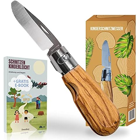 Demikay® - Kinderschnitzmesser - [EINKLAPPBAR] - inkl. E-Book - Schnitzmesser für Kinder - Kindermesser klappbar - Made in Europe (Olivenholz) Cover