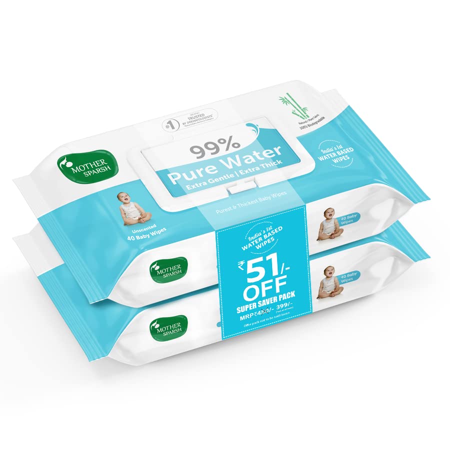 Mother Sparsh99% Pure Water Baby Wipes (40X2) Super Saver Travel Friendly Combo Pack | Wipes Made with Plant Based Fabric