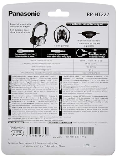 Image of Panasonic Stereo Headphones On Ear Headphones with XBS Port, Integrated Volume Controller and Lightweight Foldable Design - RP-HT227-K (Black & Silver) 36 x 6.7 x 0.5 inches (Pack of 10)