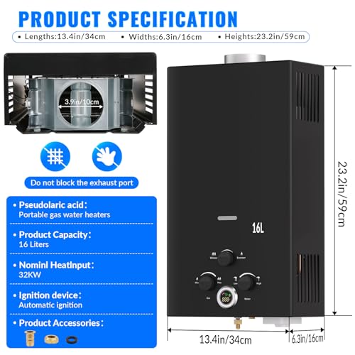 Gas Water Heater,16L Outdoor Instant Water Heater with Digital Display and Multi-Protection for Indoor Shower,Kitchenette,Laundry Room,Courtyards,Camping Outdoor Shower - Image 3