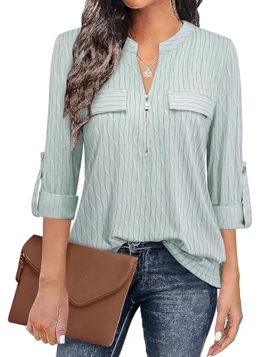 Image of Bulotus 3 /4 Length Sleeve Womens Striped Tops Zipper V Neck Collared Blouses Business Casual Tunics 2026 Spring Trendy