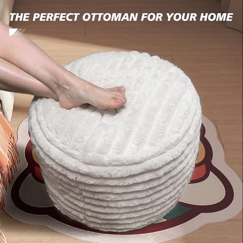 Pouf Ottoman Stuffed Round for Foot Rest, Faux Fur Poufs with Foam Chunk Filling, Storage Ottoman Pouf Foot Stool Cushion, 20 X 15 Inch Floor Chair for Living Room Bedroom Home Decor, Beige