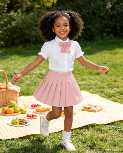 Image of Betusline Girls Skirt Set JK School Uniform 2-Piece Outfit - Short Sleeve Shirt with Bow & Pleated Skirt 4T-14Y