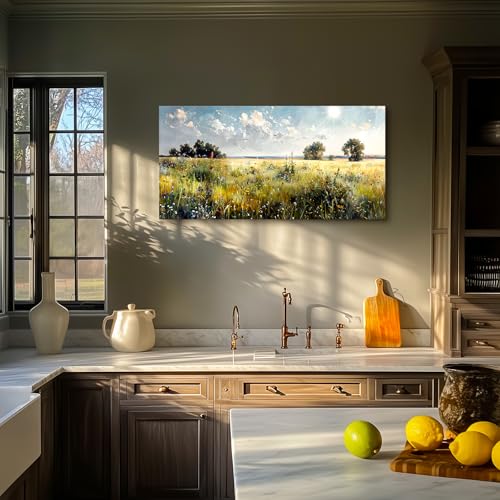SERIMINO Spring Canvas Wall Art, Nature Landscape Rustic Home Decor Large Artwork, Green Grassland Wildflower Art Prints, Rural Paintings Wall Decor Living Room Bedroom Dining Room 24X48 Inch