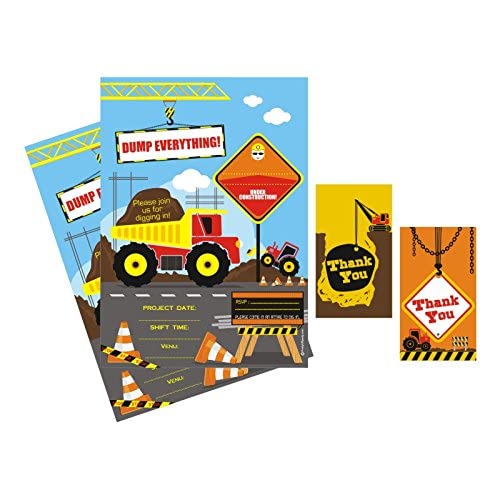 Pretty UR Party Construction Party Invitations and Thank you tags Combo, Birthday Invitations for boys, Party Invitations with Envelopes, Bday Invites for Kids, toddlers – Pack of 10 + 10 pcs