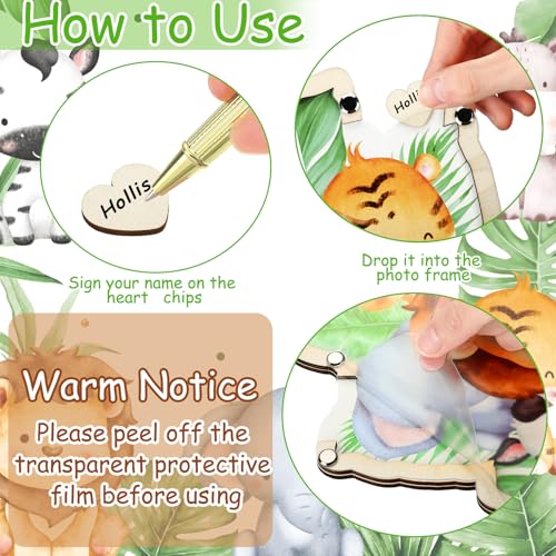 Image of Wenqik 63 Pcs Safari Animal Baby Shower Guest Book Alternatives Set Baby Shower Decorations with Photo Frame Sonogram Frame Keepsake 60 Wood Slices Guest Book for Birthday