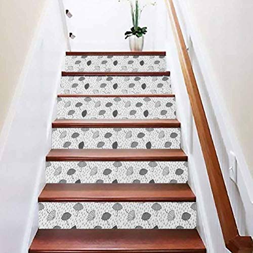 3D Self-Adhesive Stairs Risers Stickers, Abstract Umbrellas Pattern in Rain Greyscale Illustration o, for Stair Riser Decals Home Decor, W39.3 x H7.08 Inch x6PCS