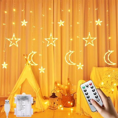 HIQE-FL Sterne Vorhang Lichter,3.5M LichtLichterkette Sternenvorhang,8 Modi...
