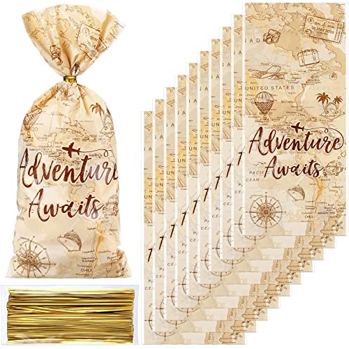 Frienda 100 Pcs Adventure Awaits Cellophane Treat Bags Adventure Party Decoration Travel Themed Candy Goodie Favor Bags World Map Birthday Party Plastic Bag for Travel Retirement Wedding
