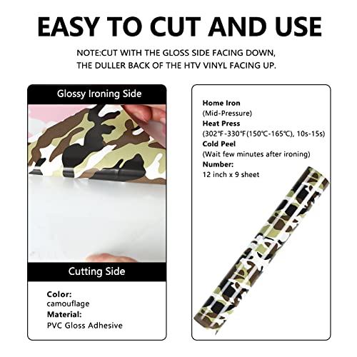 Image of FUNKAKA HTV Heat Transfer Vinyl Rolls, Camo Army Earthy, 12 inch x 9ft | Iron on Vinyl for T-Shirt, Stretchy PU HTV Vinyl for All Cutter Machines Easy to Cut & Weed for DIY Art Crafts Fabric