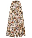 Women's Summer Floral Boho Maxi Skirt A-Line Flowy Tiered Elastic High Waist Beach Long Skirts with Pockets