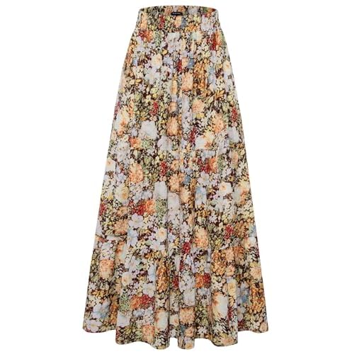 Arolina Maxi Skirt for Women Summer Boho Elastic High Waist Pleated A-Line Flowy Ruffle Swing Tiered Long Beach Skirt Dress Small Coffee Floral