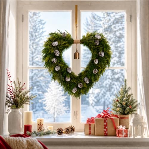 Pinkpum 22" Heart Shaped Christmas Wreath for Front Door with Gold Bells - image 2