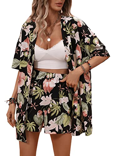 Floerns Women's Tropical Print Open Front Half Sleeve Kimono with Shorts Set Black M