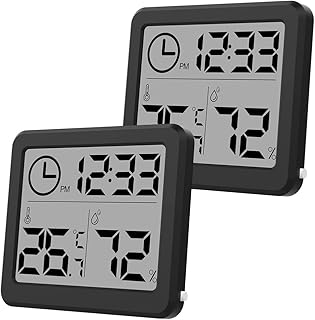[2 Pack] 3.2 Inch Digital Hygrometer Indoor Thermometer, Room Thermometer Humidity Gauge with Clock, High Accuracy Temperature Humidity Monitor with Magnet for Home Office Baby Room Greenhouse Black