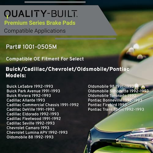 Image of QUALITY-BUILT Front Semi-Metallic Brake Pads, Premium 1001-0505M, Compatible with 1991-1993 Buick /Cadillac /Chevrolet /Oldsmobile /Pontiac (88,98,Allante,Bonneville,Camaro,Commercial Chassis,DeVille)