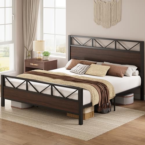 Image of LIKIMIO California King Bed Frame, Tall Industrial Headboard 51.1 inch, Platform Bed Frame with Strong Metal Support, Solid and Stable, Noise Free, No Box Spring Needed, Easy Assembly, Dark Brown