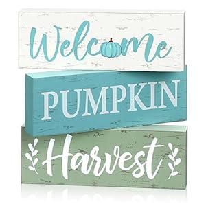 Geetery 3 pcs fall decor blue thanksgiving table centerpiece welcome pumpkin harvest wooden block sign fall decorations farmhouse autumn decor for home table office room  urban country home decor