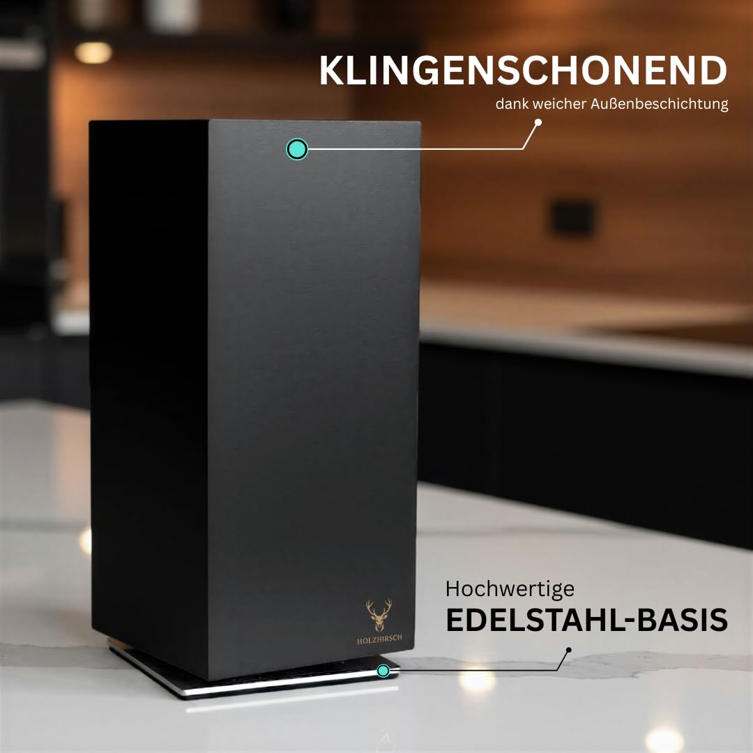 Messerblock ohne Messer magnetisch [Premium] | 360° drehbar | 4,5 kg schwer | Rutschfeste Edelstahl-Basis | Massiver Holzkern | Obsidian BlackWood