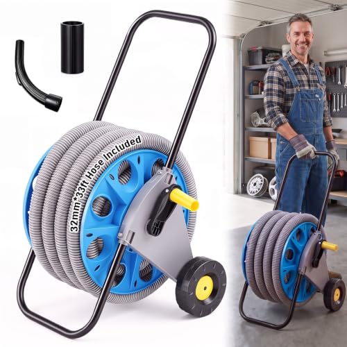 BBTO Portable Vacuum Hose Reel with Wheels 33 FT Extension Hose Kit for 32mm Vacuum Cleaners Mobile Storage Reel with 2 Cleaning Accessories for Garage Workshop Home and Car Cleaning