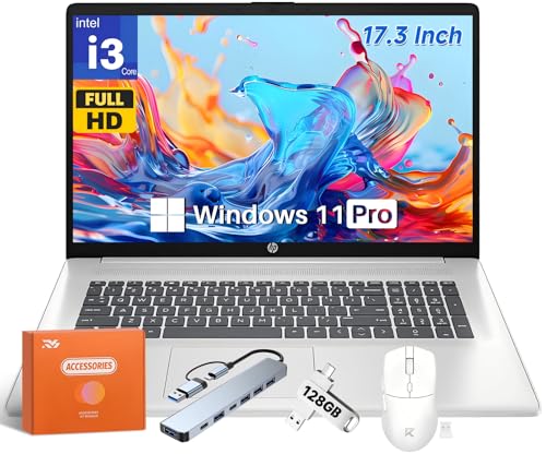 Image of HP 17 inch Business Laptop, 17.3 inch FHD IPS, Intel 6-Core i3 CPU, 16 GB RAM, 512 GB SSD, Intel UHD GPU, Anti-Glare, HD Camera, Wi-Fi 6, Long Battery Life, Fast Charge, Windows 11 Pro, W /Accessories