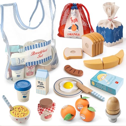 Lehoo Castle Accesorios Cocina Juguetes, Comida Madera Juguete, Comida Juguete Cocinita, Cocinita de Madera Infantil, Juguetes Montessori 2 3 4 Año(Desayuno)