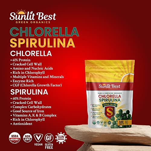 Spirulina Chlorella Cracked Cell Wall Super 50-50 Super-Pack 500 Tablets - Raw Organic Gluten-Free Non-Gmo Green Superfood. High Protein, Chlorophyll & Nucleic Acids. No Preservatives, No Fillers #TOP6