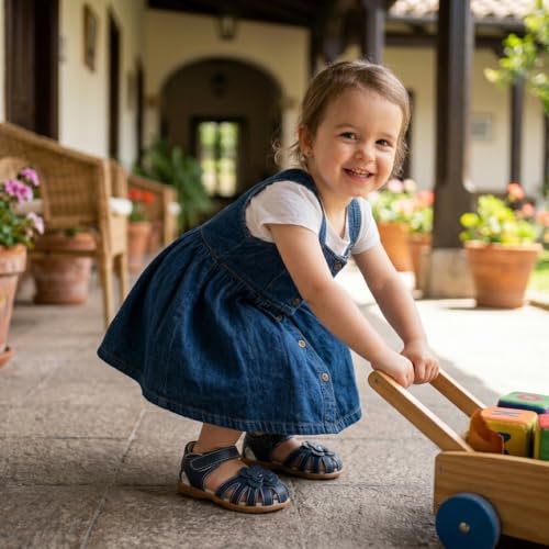 Image of Femizee Toddler Girls Leather Dress Sandals with Adjustable Strap | Toddler /Little Kids, Leather upper, Cushioned footbed, Hook-and-loop, Flexible Sole, Dressy summer occasions, Princess-style