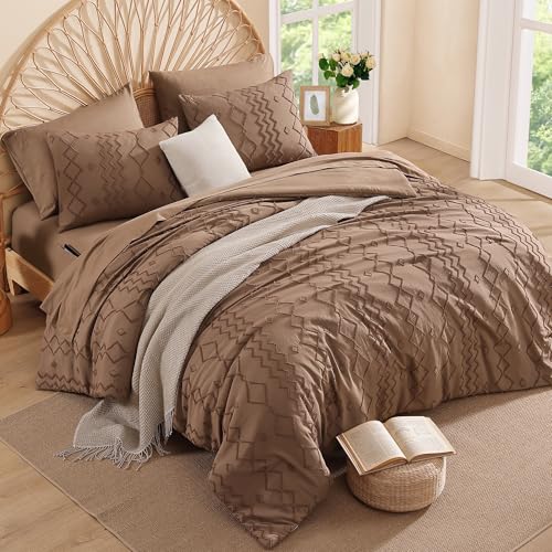 Image of AMBERSPACE King Size Comforter Set Brown, Tufted Geometric Boho Bedding Farmhouse Bed Set, All Season 7 Pieces Bed in a Bag with Sheets, Pillowcases & Shams