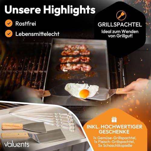 valuents® Grillplatte - Plancha Grill Platte aus dickem & rostfreiem Edelstahl – 44,5 x 26 cm – für BBQ Gasgrill & Kohlegrill geeignet +PLUS: Bürste & Grillspachtel 5