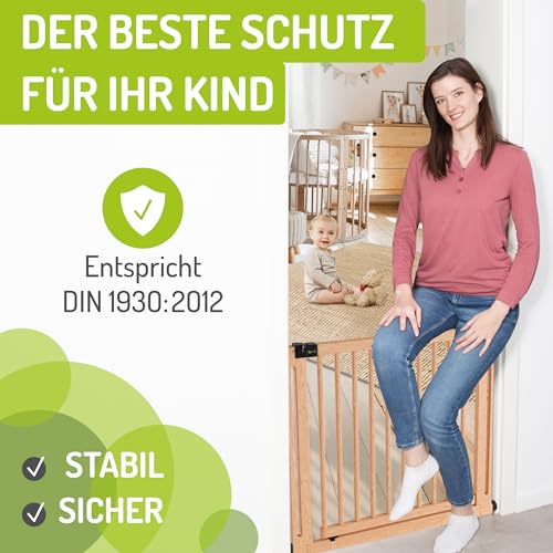 BOMI Türschutzgitter Miko PEFC geprüftes Buchenholz | Ohne Bohren | 90° Stop |Tuerschutzgitter XXL Durchgang | Treppengitter zum Klemmen für Baby | Breite: 71-79 cm