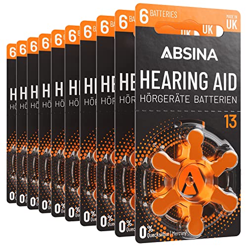 ABSINA 60x Pile per apparecchi acustici 13 Zinco Aria con 1,45V - batteria acustica 13 con pellicola protettiva - pile acustiche 13 - PR48 ZL2 P13 - Pile apparecchi acustici 13 - apparecchio acustico