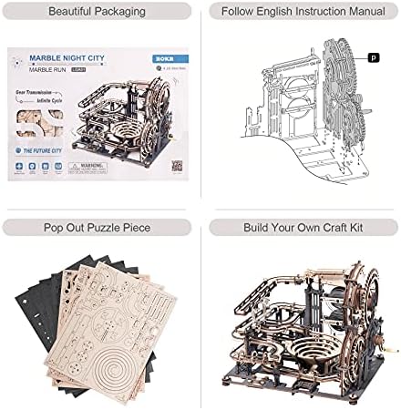 ROBOTIME 3D Puzzle Upgrade Marble Run, Wooden Model Kits for Adults to Build, Model Building Construction Jigsaw Craft, Best Birthday or Valentine's Day Gifts - Night City