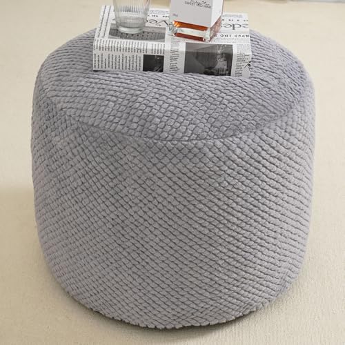 Round Stuffed Pouf Ottoman for Foot Rest, Faux Fur Poufs with Foam Chunk Filling, Storage Ottoman Pouf Foot Stool Cushion, 20 X 15 Inch Floor Chair for Living Room Bedroom Home Decor, White