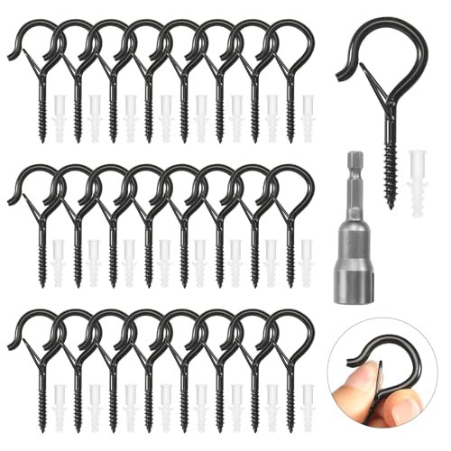 25 Piezas Ganchos de Tornillo con Hebilla Alcayatas Pared M4 Ganchos de Tornillo Inoxidable Atornillables Ganchos Atornillables para Colgar Cestas de Plantas Casetas de Pájaros (Negro)