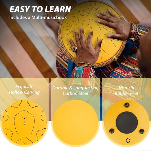 Image of Steel Tongue Drum, 13 Inch 15 Notes Tongue Drums, C Major 440 Hz Drum Percussion Instruments, Handpan Drums with Music Book, Drum Mallets and Carry Bag (Yellow)