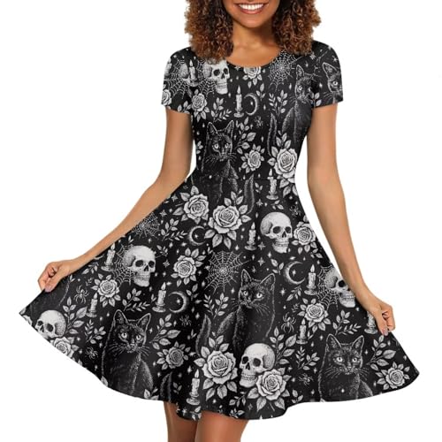Image of HUGS IDEA Womens Puffy Swing Midi Dress Round Neck Short Sleeve Party A-Line Dresses