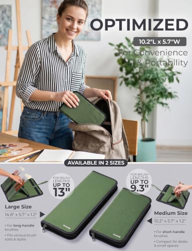 Image of DUGATO Short Brush Holder & Organizer, Canvas Case 5.4 x 10.7 in, Green | 15 Slots Zipper Paint Brush Case for Brushes up to 9.3 in Length, Artist Portable Carry Bag, Watercolor (Brush Not Included)