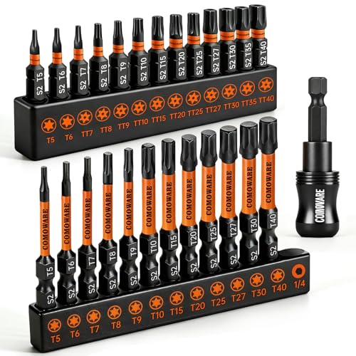 Torx Bit Set COMOWARE 26-teiliges Torx mit Loch Set (T5-T40) S2 Stahl Bitsatz Magnetische Spitze 2.5cm und 5cm lang mit Sechskantschaft Schnellwechsel Bithalter