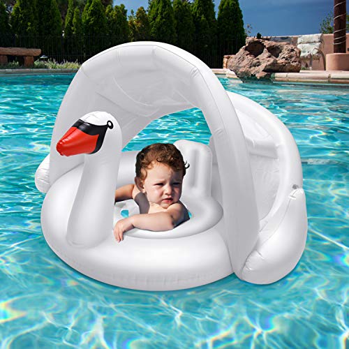 iefoah Baby Pool Float with Canopy Swan Inflatable Floatie with Sunshade Swan Swimming Ring for Infa