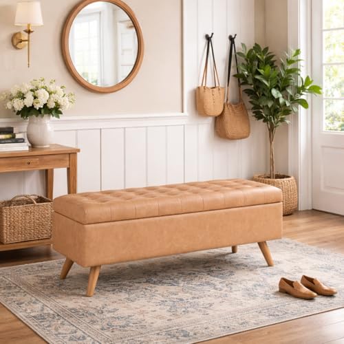 Image of HomePop 48 inch Modern Tufted Storage Bench - Sand Faux Leather