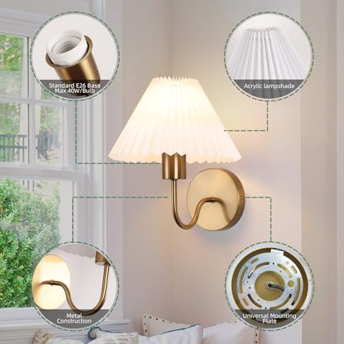 Image of Brushed Brass Wall Sconces Sets of 2 With White Pleated lampshade, Indoor Gooseneck Gold Wall Lamp Lighting, Bathroom Dresser Hardwired sconces wall decor Fixture for Living Room Bedroom Dining Room